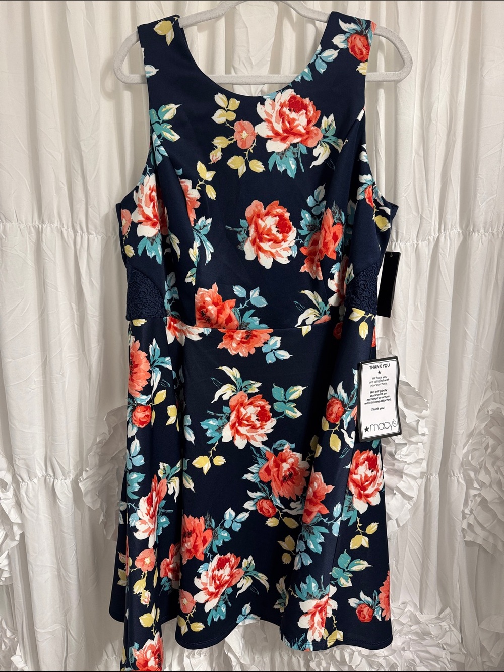 Macy's Navy Floral Sleeveless Fit & Flare Dress with Coral Blooms